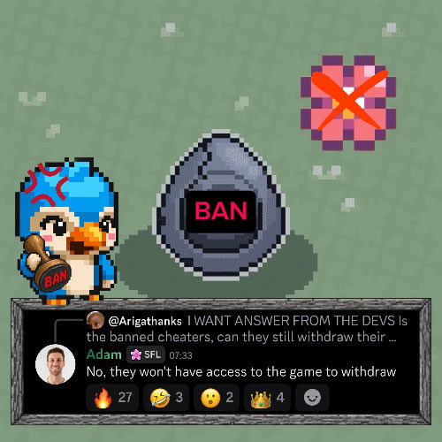A pixel art image shows a bird character in a hazmat suit holding a "BAN" stamp next to a gray egg with a "BAN" label and a red-marked flower, alongside a Twitter exchange where developer Adam confirms that banned cheaters won't be able to withdraw their $FLW tokens, reinforcing the post's message of zero tolerance for cheaters in the Yakkamon game mint.