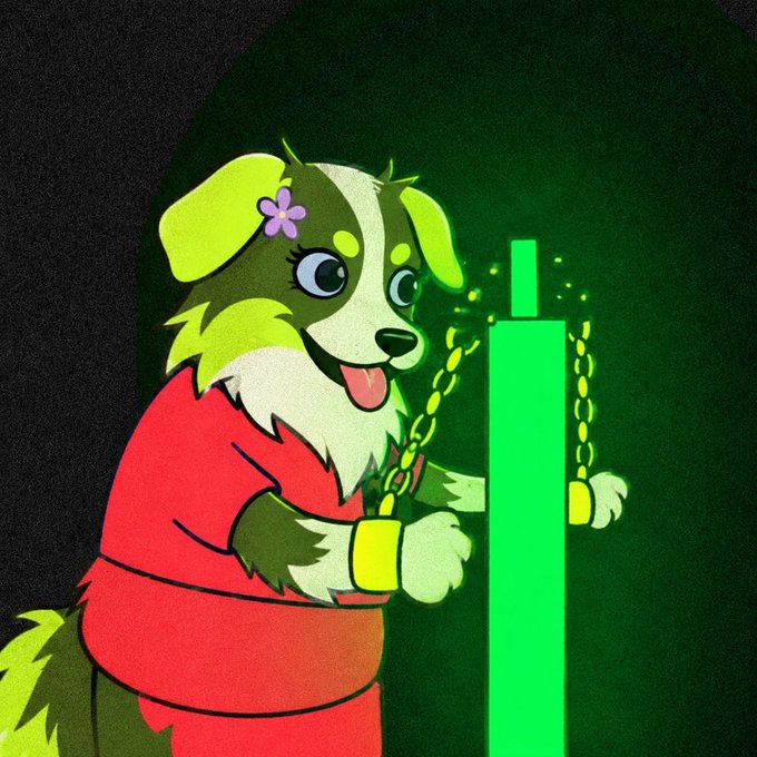 A cartoon illustration of a green and tan dog character with a purple flower in her hair wearing a red dress, holding a glowing green chain against a dark background.