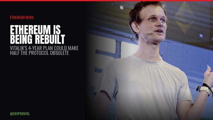 The image shows Vitalik Buterin speaking on stage, with overlaid text reading "ETHEREUM NEWS: ETHEREUM IS BEING REBUILT - VITALIK'S 4-YEAR PLAN COULD MAKE HALF THE PROTOCOL OBSOLETE" alongside the handle "@CRYPTOPATEL." This visually supports the post's announcement of Buterin's multi-year roadmap to make Ethereum quantum-resistant and slash costs by 10x+ through native STARK verification.