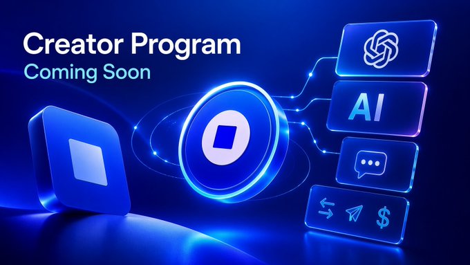 The image is a promotional graphic featuring the text "Creator Program - Coming Soon" alongside icons representing AI, messaging, and social media platforms, all set against a blue futuristic background with a central geometric logo. It visually reinforces the post's call to action, encouraging potential creators to start building their reputation and engaging with the Base ecosystem ahead of the program's official launch.