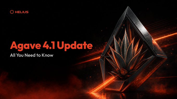 A Helius-branded graphic featuring a stylized agave plant encased in a metallic diamond frame with orange spark effects, promoting the "Agave 4.1 Update - All You Need to Know" with a HELIUS logo in the upper left corner. The dark, futuristic visual ties directly to Solana's latest client release, which brings Alpenglow readiness, more Pinocchio programs, and faster ~6-week release cycles.