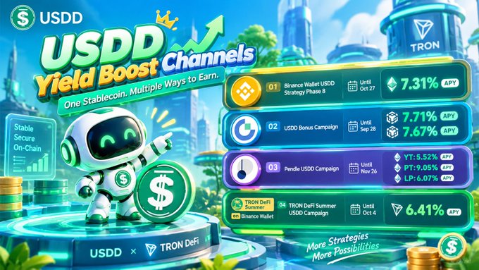 A promotional graphic titled "USDD Yield Boost Channels" features a friendly robot mascot beside four USDD earning strategies on TRON DeFi: Binance Wallet USDD Strategy Phase 8 (7.31% APY, until Oct 27), USDD Bonus Campaign (7.71%/7.67% APY), Pendle USDD Campaign (5.52%/9.05%/6.07% APY), and TRON DeFi Summer USDD Campaign (6.41% APY, until Oct 4). The tagline "One Stablecoin, Multiple Ways to Earn" reinforces the post's message of USDD serving as productive on-chain capital within the TRON DeFi ecosystem.