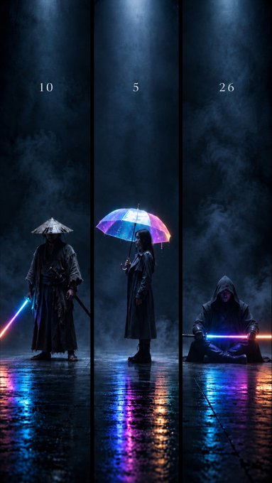 A triptych illustration showing three hooded figures with glowing lightsabers and traditional Asian-style hats/umbrellas against dark, smoky backgrounds, labeled with numbers 10, 5, and 26.