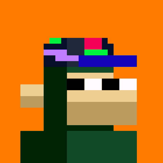 A pixel art style illustration of a character with a colorful headband against an orange background, rendered in a blocky retro aesthetic.