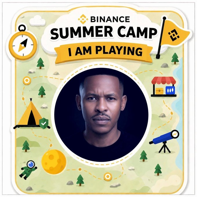 A Binance Summer Camp promotional badge featuring the text 'BINANCE SUMMER CAMP I AM PLAYING' with a portrait photo of a man in the center, surrounded by camp-themed illustrations including a tent, telescope, and pine trees.