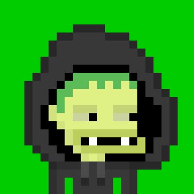 A pixel art zombie character with a green face, buck teeth, and dark hooded clothing appears against a bright green background.