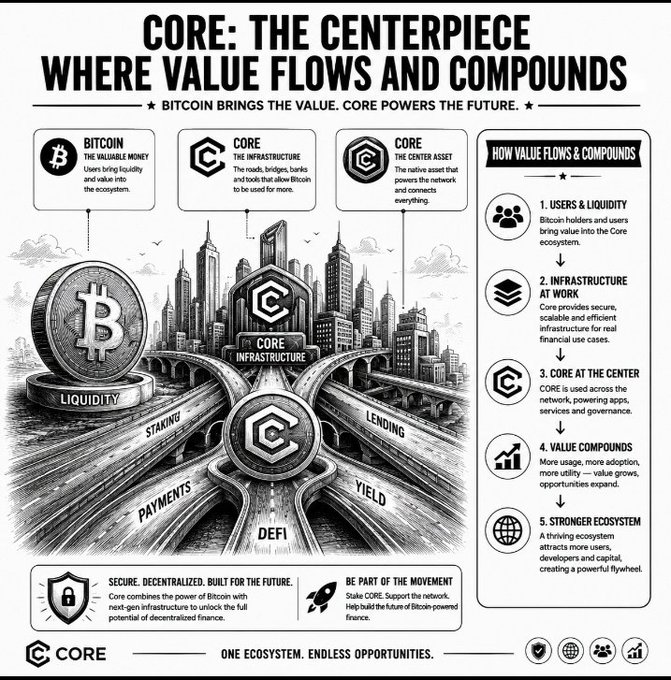 An infographic titled 'CORE: THE CENTERPIECE WHERE VALUE FLOWS AND COMPOUNDS' explaining Bitcoin, Core infrastructure, and the CORE asset, with sections on staking, lending, yield, DeFi, and payments, plus a sidebar listing five ways value flows and compounds.