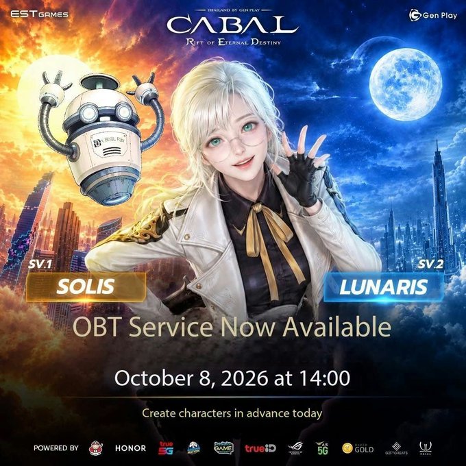 A promotional advertisement for 'CABAL: Rift of Eternal Destiny' by ESTgames, announcing OBT Service availability on October 8, 2026 at 14:00, featuring anime-style artwork with 'SOLIS' (SV.1) and 'LUNARIS' (SV.2) server options, powered by HONOR, true5G, and other partners.