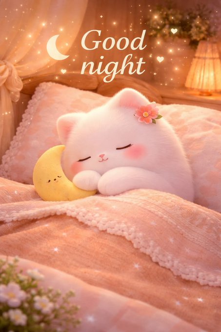 An illustration of a cute white cat with a pink flower sleeping next to a smiling moon on a pink bed, with "Good night" text and stars.