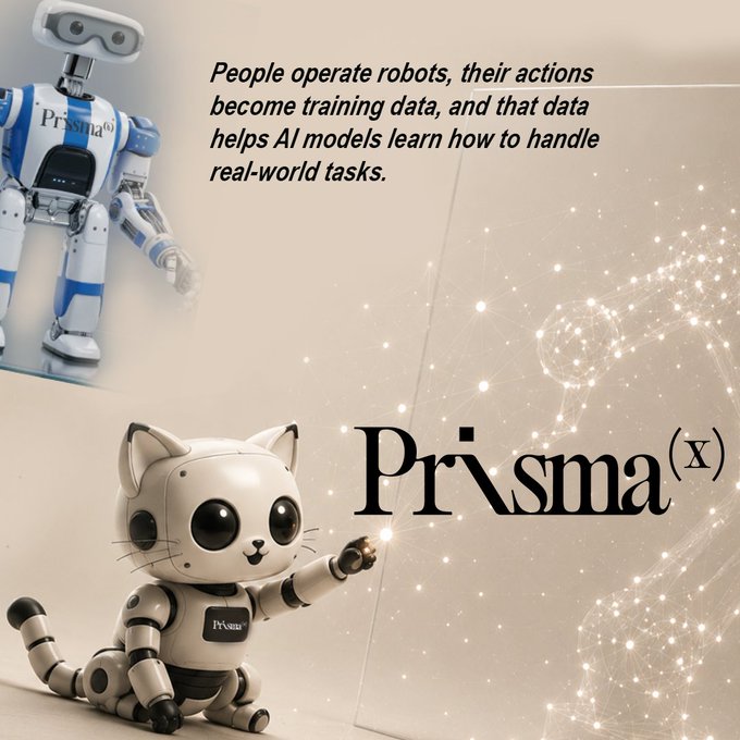 Image of two robots (one humanoid, one cat-like) branded 'Prisma(x)' with text explaining that people's robot operations become training data for AI models.