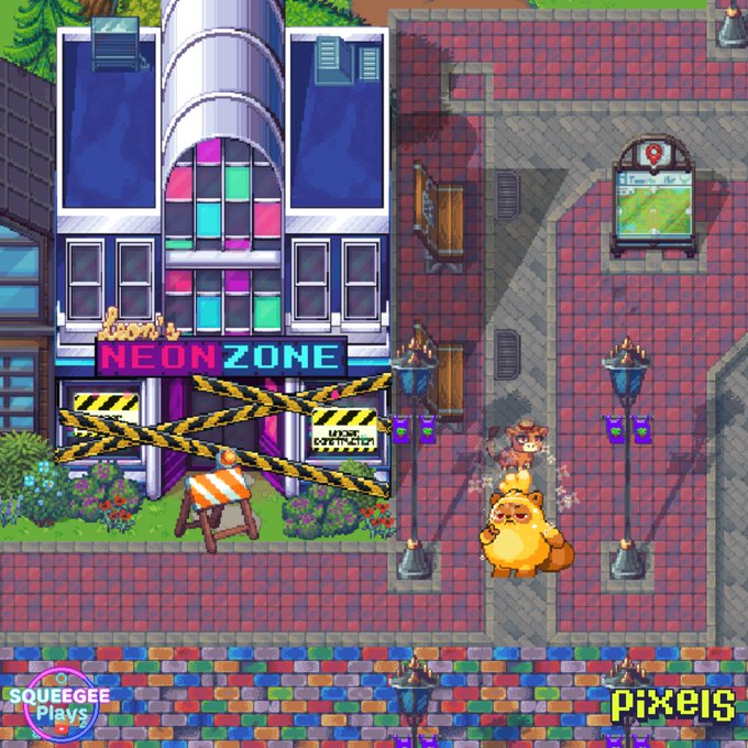A pixel art scene featuring a 'NEON ZONE' building under construction with yellow caution tape, accompanied by orange cat characters on a brick path. The image is watermarked 'SQUEEGEE Plays' and 'PIXELS'.