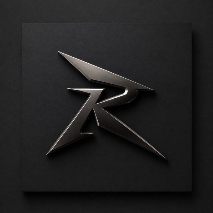 A metallic 3D letter 'R' logo with sharp, angular design on a black square background.