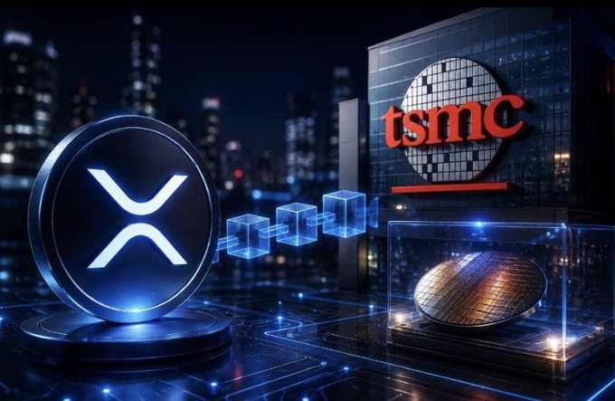 The image showcases a futuristic tech-themed composition featuring the glowing XRP/XRPL logo on the left alongside the TSMC logo and a semiconductor wafer, visually representing the tokenization of TSMC shares on the XRP Ledger. The accompanying text announces that tokenized TSMC shares—one of the world's largest semiconductor foundries—are now live on the XRPL, marking a major addition to the real-world asset (RWA) ecosystem built on the blockchain.