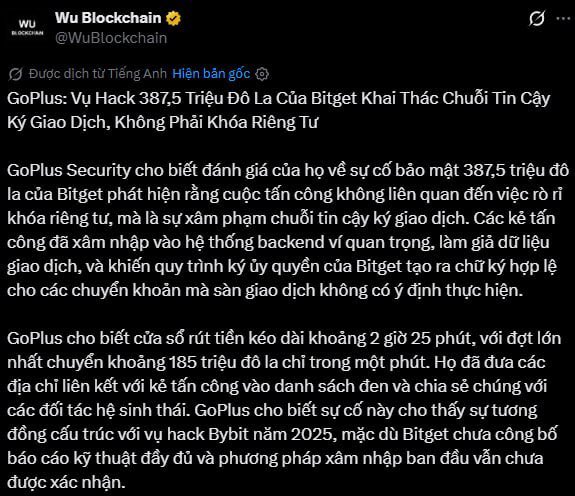 A tweet from Wu Blockchain (@WuBlockchain) translated to Vietnamese about GoPlus Security reporting the Bitget hack of $387.5 million, describing it as a chain signature signing exploit rather than a private key leak, with similarities to the Bybit hack.