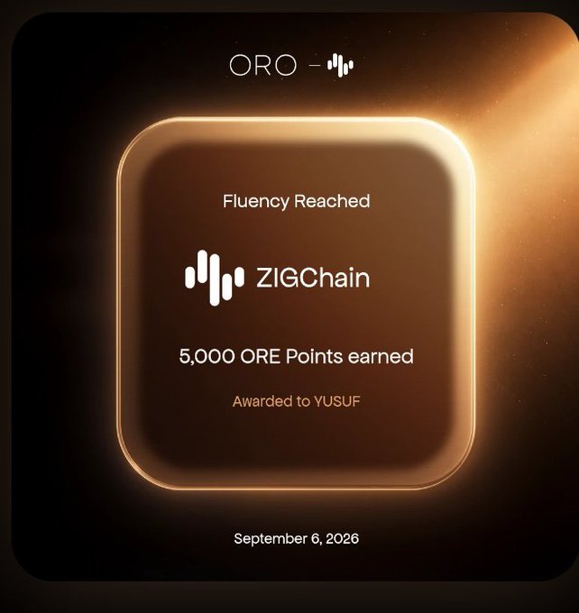 A digital award certificate from 'ORO' announcing 'Fluency Reached' for ZIGChain, awarding 5,000 ORE Points to YUSUF, dated September 6, 2026.