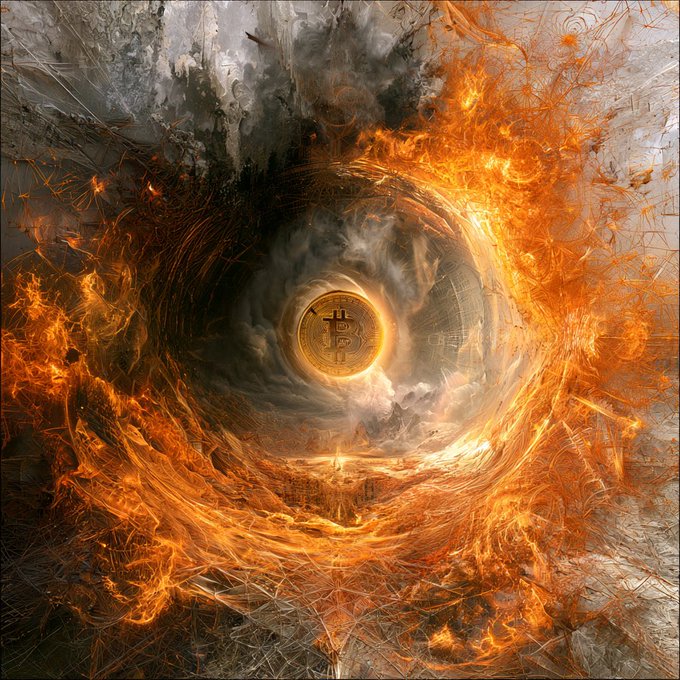 An abstract digital artwork displays a swirling, fiery vortex surrounding a central golden disc or coin.