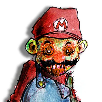 A creepy, distorted watercolor-style illustration of Mario wearing his iconic red cap with M logo and blue overalls, featuring menacing eyes and a sinister toothy grin.