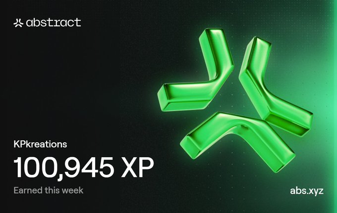 Abstract achievement card for KPkreations showing 100,945 XP earned this week, featuring the green abstract logo.