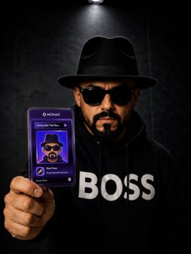 A man wearing a black fedora, sunglasses, and a 'BOSS' hoodie holds up a phone displaying an account that says 'Following Less Than 1%'.