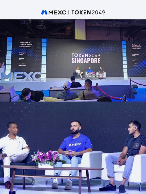 A composite image showing the MEXC x TOKEN2049 Singapore event, with a panel discussion on 'The Future of Finance: Infinite Opportunities' featuring speakers from Dubai and Kaspi, including Sergey in the top photo and a panelist in a MEXC shirt in the bottom photo.