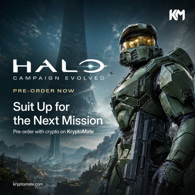 Promotional banner for 'HALO: CAMPAIGN EVOLVED' featuring Master Chief in his green armor, with text 'PRE-ORDER NOW' and 'Suit Up for the Next Mission' alongside crypto pre-order information on KryptoMate.