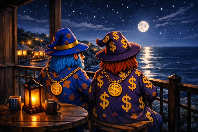 The image features two cartoon characters dressed as wizards, sitting at a table with cups of coffee. The background shows a night scene with stars and a full moon, creating an atmosphere reminiscent of a wizard's hut or castle. The text on the image reads "Good Night Legends Both the wins and the losses are part of the game. We rest today to fight tomorrow. Kwechiri $STKR". This post seems to be related to the cartoon characters in some way, possibly as a reference to their magical abilities or a connection between the characters' costumes and the night scene depicted in the image.