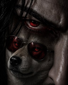 A dark, stylized AI-generated image showing a close-up of a person's face with glowing red eyes behind aviator sunglasses, with a dog's face visible in the reflection.