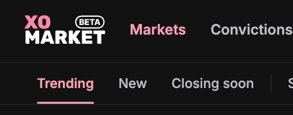 A dark navigation header showing the 'XO MARKET BETA' logo with menu options for Markets, Convictions, Trending, New, and Closing soon.