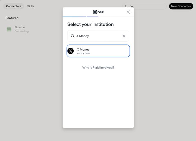 A Plaid institution selection modal displays "X Money" (www.x.com) as a search result, illustrating the integration step to connect X Money to Grok Finance. The modal includes a "Why is Plaid involved?" link and sits over a Grok Connectors interface showing Finance in a "Connecting..." state.