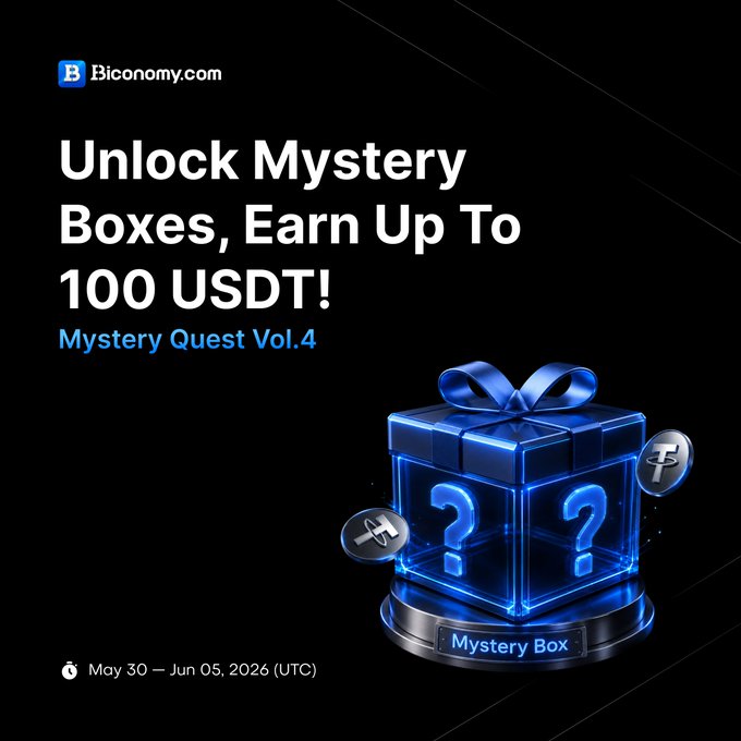 The image features a blue box with a question mark inside, which appears to be part of a mystery game or puzzle. The text above the box reads "Unlock Mystery Boxes, Earn Up To 100 USDT!" This suggests that there is an opportunity for users to earn points by participating in the mystery game and potentially receiving rewards from the mystery boxes.