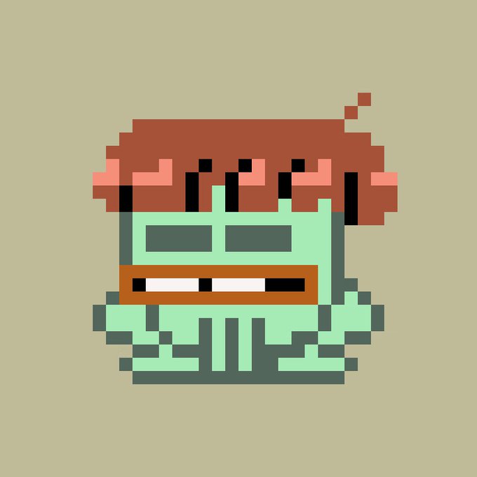 A pixel-art illustration features a green, blocky character with a brown rectangular mouth and a wide, flat brown hat or hairstyle on top, set against a solid beige background.
