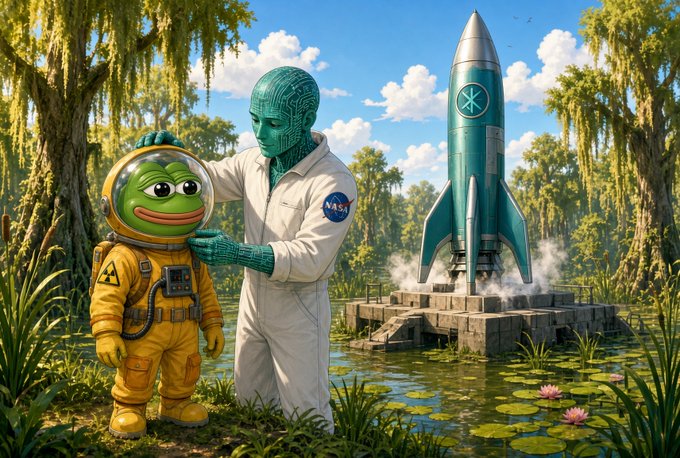 A whimsical digital illustration showing a green Pepe the Frog character in a yellow hazmat suit alongside a circuit-patterned humanoid figure in a white NASA spacesuit, with a teal rocket ship on a launch pad in a swampy background.