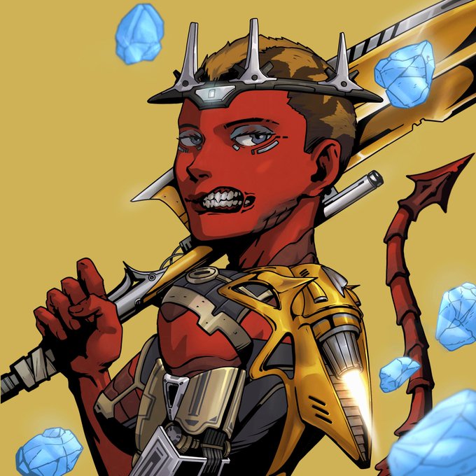 A stylized digital illustration of a fierce-looking character with red skin, a spiked crown, and gold shoulder armor, holding a weapon and surrounded by floating blue gemstones against a yellow background.