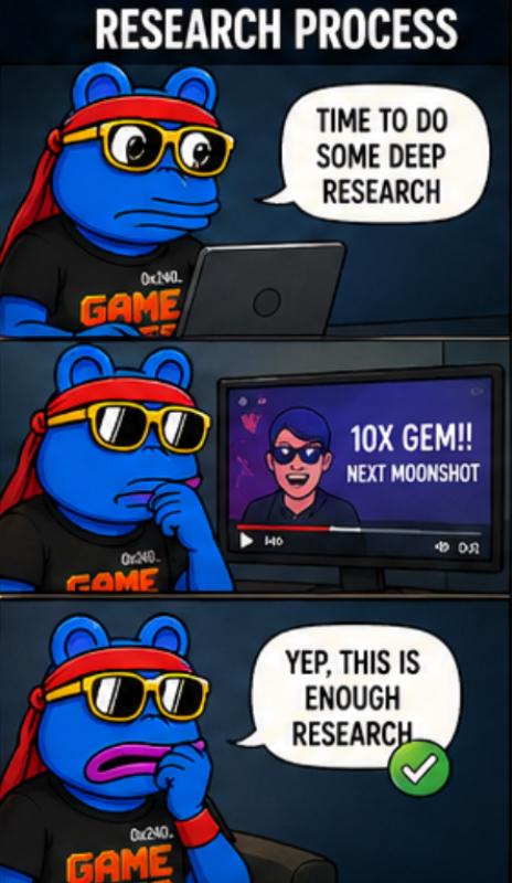 The image shows a cartoon character, likely a teddy bear or frog wearing glasses, sitting next to two computer screens displaying Minecraft content with the caption "Time to do some deep research!". There is also a speech bubble above the character indicating that the game recommendation suggests conducting more research on this topic.
