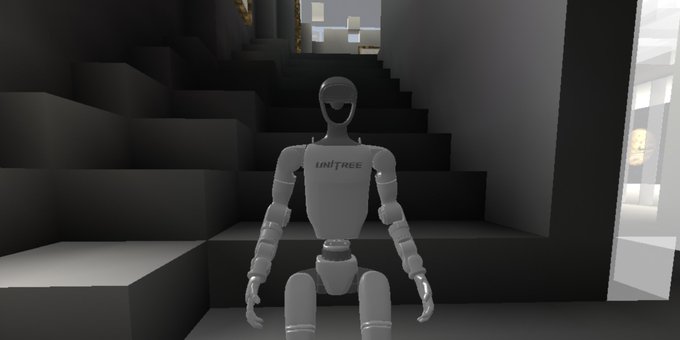 A grey, articulated 3D robot model with the text "UNITREE" on its chest sits on dark stairs within a blocky, untextured 3D environment.