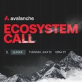 A promotional graphic for the Avalanche "Ecosystem Call" featuring bold red and white text over a snowy mountain backdrop, with the post expressing the user's enthusiasm and clarity after watching the event hosted by Ben, featuring speakers from DEA and OPnet.