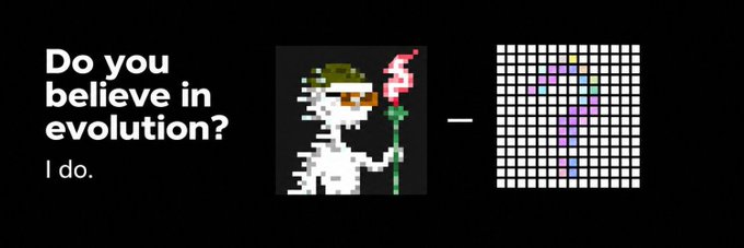 A black meme graphic shows the white text “Do you believe in evolution? I do.” on the left, a pixel-art scientist holding a flower-like object in the center, and a grid on the right with a colorful question mark. The accompanying post says the creator is giving away 5 GTD spots for @zkArgoseth and asks users to drop an EVM wallet to pick winners soon.