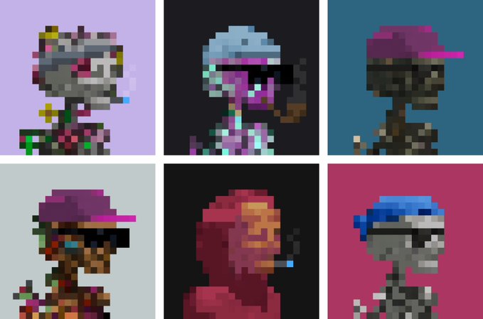 A grid of six pixel-art characters in various poses, each wearing different colored hats and sunglasses against different colored backgrounds.