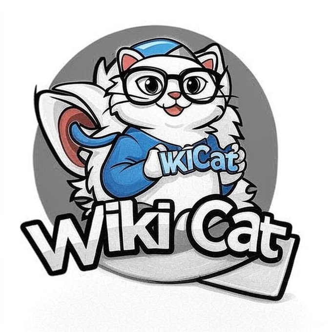 The image features the WikiCat mascot logo, depicting a cartoon cat wearing glasses and a blue cap holding a "WikiCat" sign, which represents the $WKC token referenced in the post celebrating a successful 7m buy-in and anticipating a 3.5b market cap milestone.