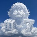 A cloud-like sculpture of a screaming person holding dice, humorously depicting panic or shock, likely referencing the viral "67/67" meme trend associated with the @sixsevenapp.