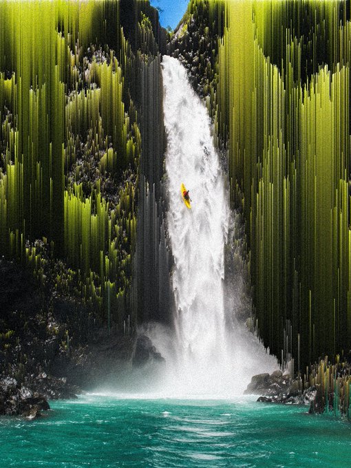 A dramatic landscape shows a powerful waterfall cascading down a cliff face, with a small yellow kayak visible in the rushing water. The image has a distinctive vertical streaking or glitch effect applied to the surrounding greenery.