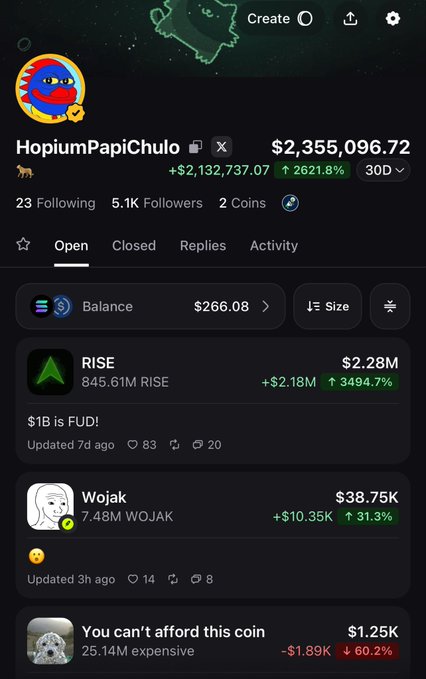 The image shows HopiumPapiChulo's wallet balance of $2,355,096.72, with holdings including 845.61M $RISE valued at $2.28M. This visual supports the post's sentiment of capital being tied up in promising coins like $RISE.