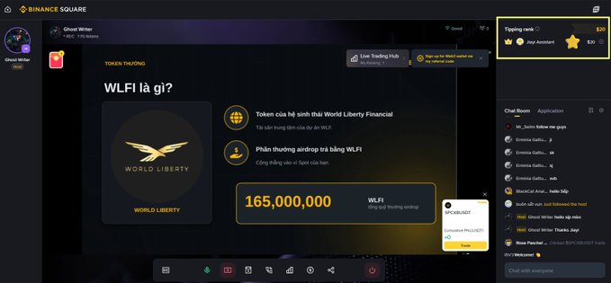 A screenshot of the 'BINANCE SQUARE' interface displaying information about 'WLFI' (World Liberty Financial) token with an airdrop value of '165.000.000', alongside a chat room on the right.