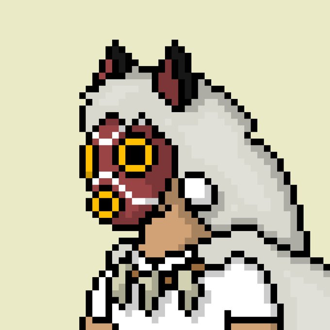 Pixel art illustration of a white character with long hair and small horns, featuring a distinctive red and yellow mechanical face plate.