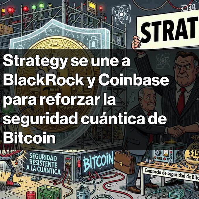A Spanish-language graphic reading 'Strategy se une a BlackRock y Coinbase para reforzar la seguridad cuántica de Bitcoin' overlaid on a cartoon of businessmen shaking hands next to a giant Bitcoin and quantum security equipment.