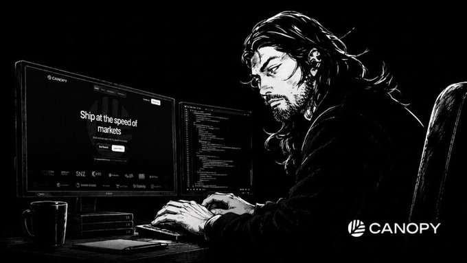 A black and white artistic illustration of a long-haired bearded person coding at dual monitors displaying Canopy ('Ship at the speed of markets') with code on the second screen.