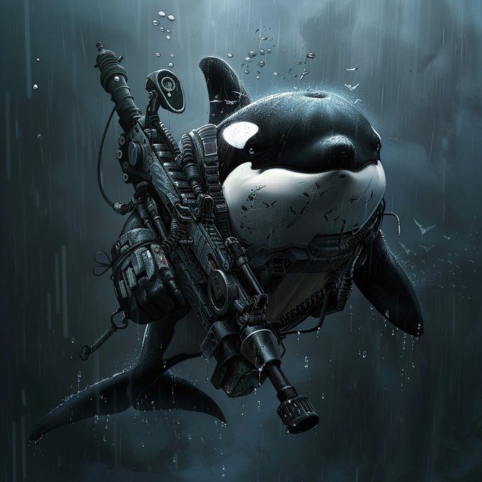 A digital illustration of an orca equipped with tactical military gear and a large sniper rifle, set in a dark, rainy underwater environment with bubbles rising.