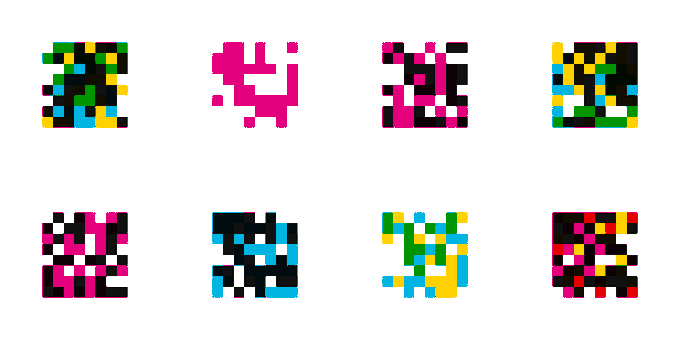 Eight colorful pixelated square icons arranged in two rows of four, resembling retro 8-bit graphics in vibrant pink, cyan, yellow, green, and black color schemes.