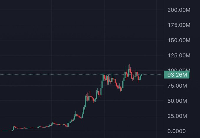 A candlestick chart shows the price action of the $ANSEM token, with a horizontal reference line at 93.26M highlighting its current market cap near 100M, illustrating the impressive 100x+ run the poster is referencing despite the broader "pico bear" market conditions.