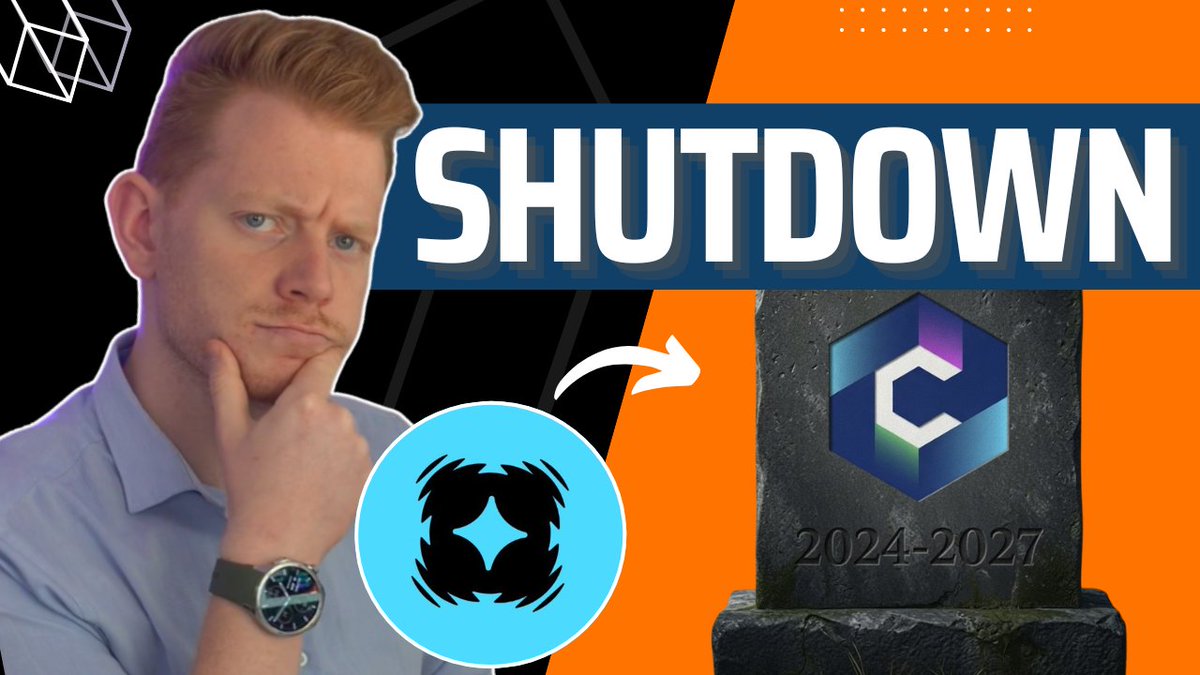 A thoughtful-looking man with a puzzled expression points from the Cronos token logo toward an image of a tombstone bearing the Cronos zkEVM logo with "2024-2027," visually echoing the headline "SHUTDOWN" and the post's announcement of Cronos zkEVM's upcoming end.